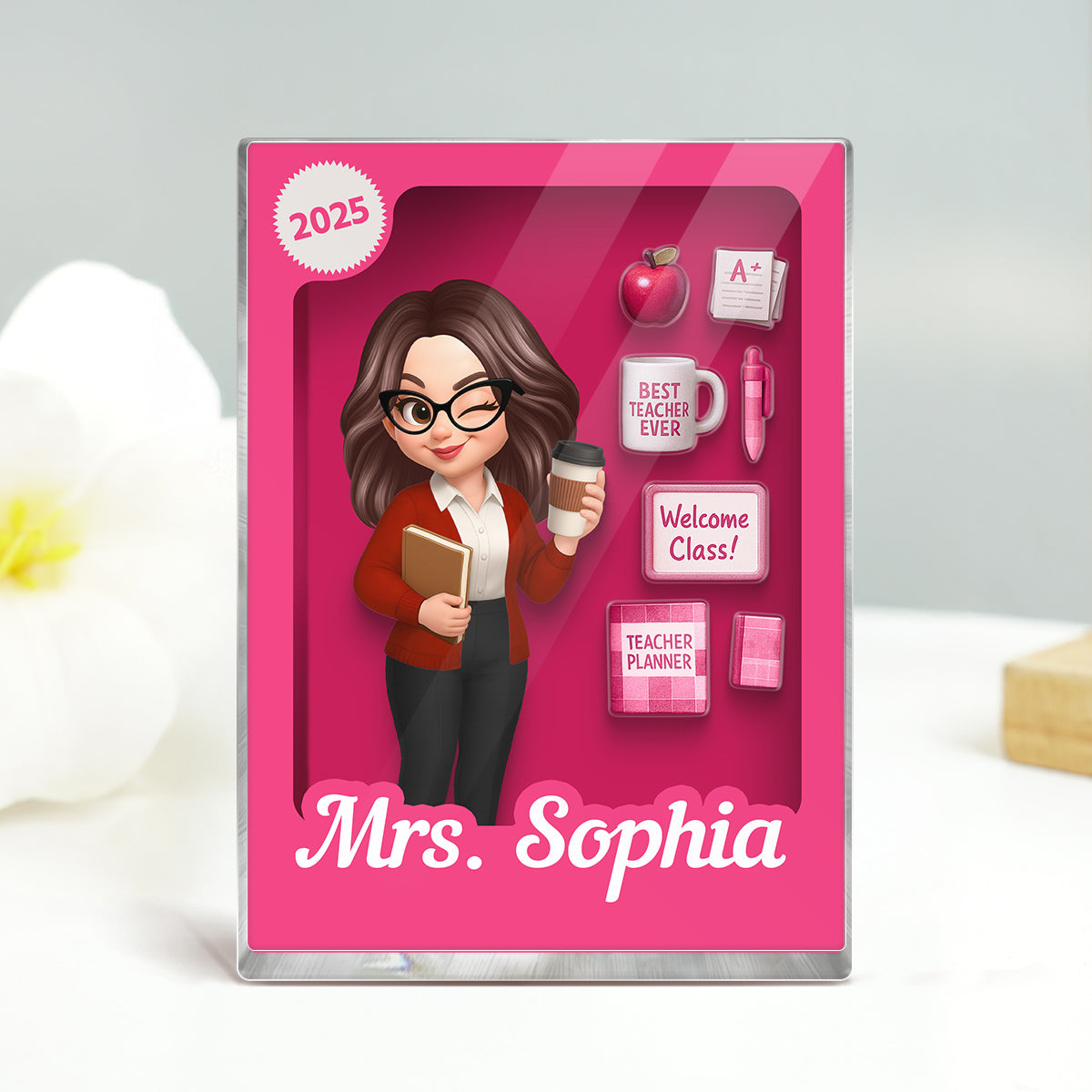 Pretty Teacher 3D Effect Toy Box Action Figure Personalized Acrylic Block, Back To School gift for Teachers