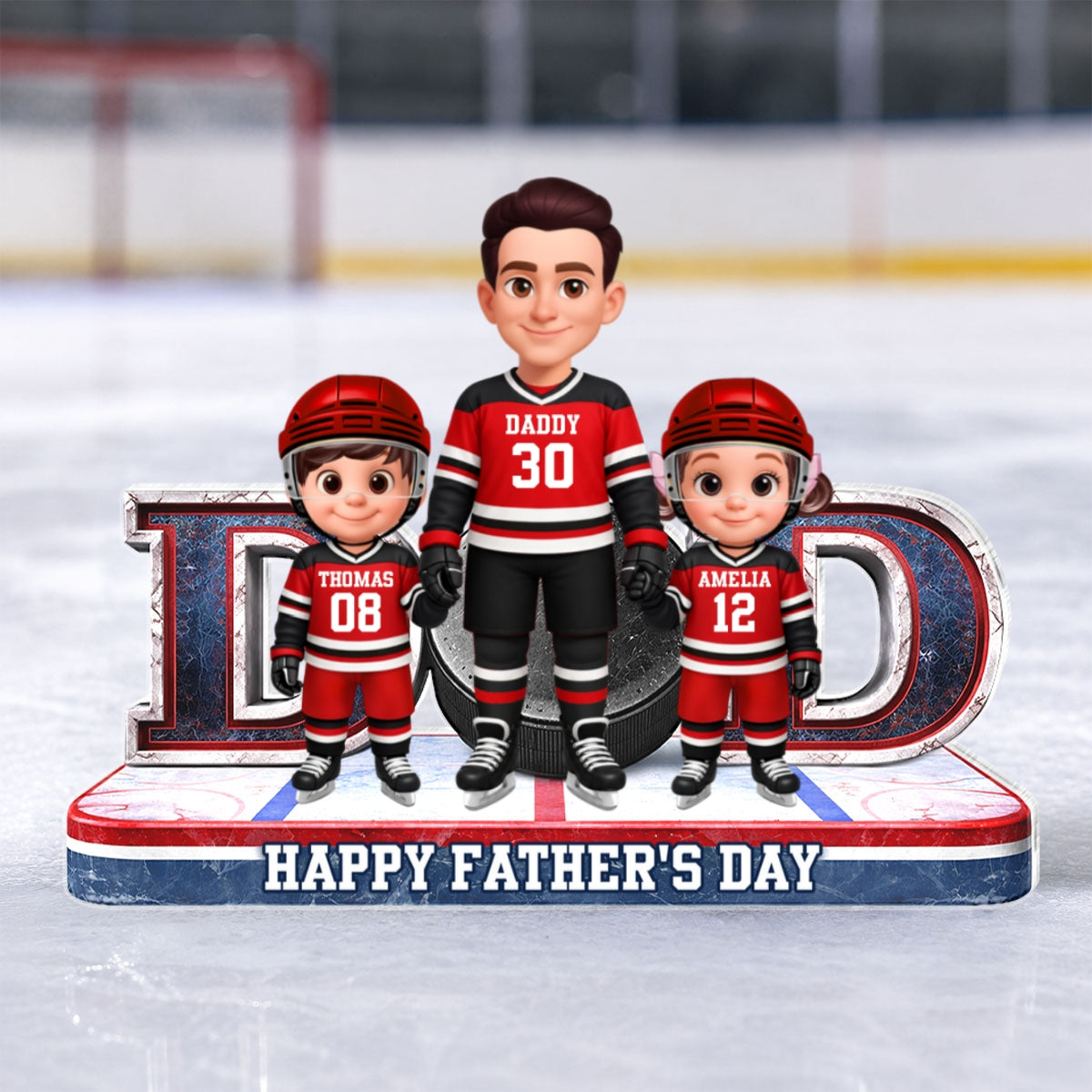 Hockey Dad And Kids Together Front View - Personalized Acrylic Block Plaque - Gift For Dad, Husband