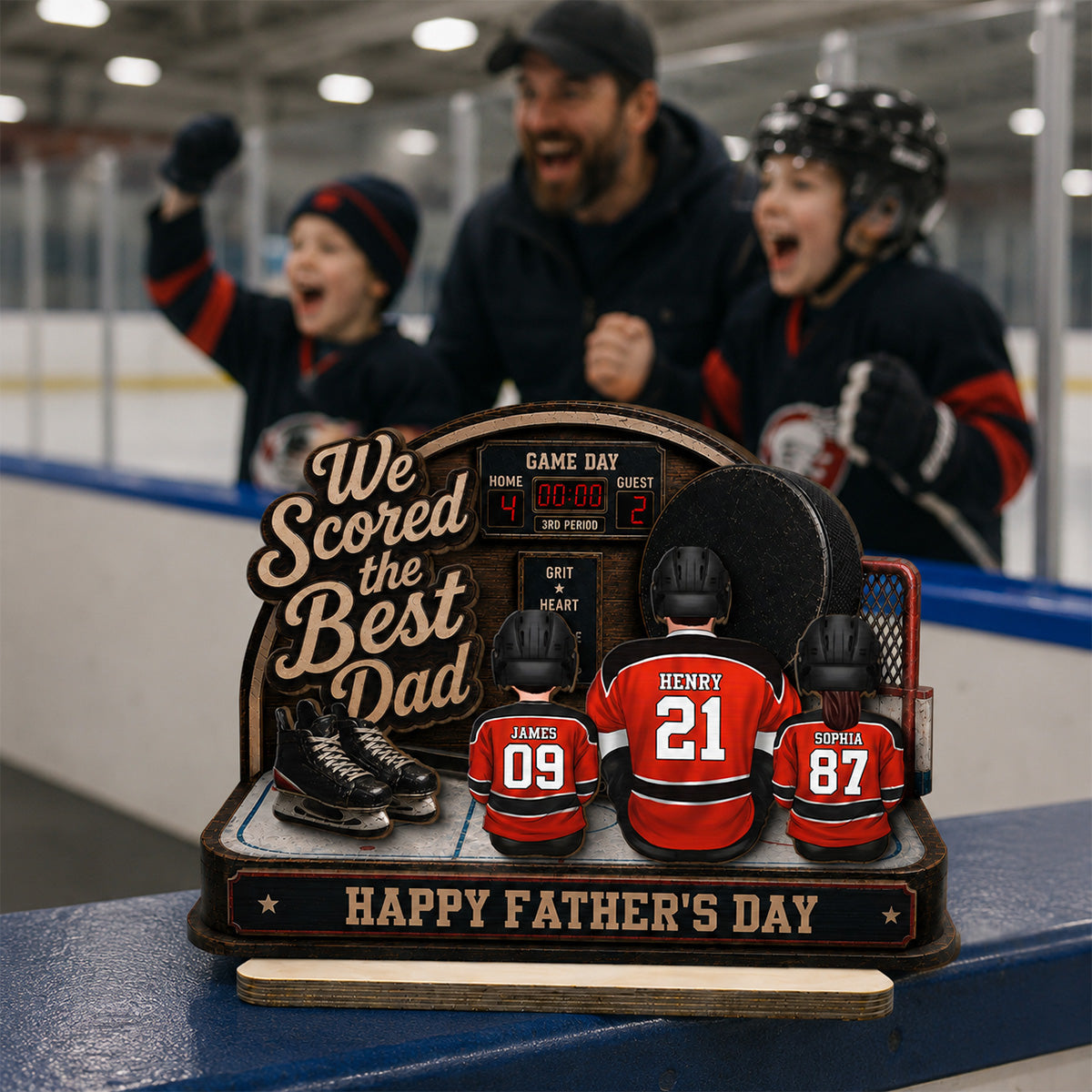Hockey Dad & Kids Sitting On Court 2D Flat - Personalized 2-Layered Wooden Plaque - Gift For Hockey Dad