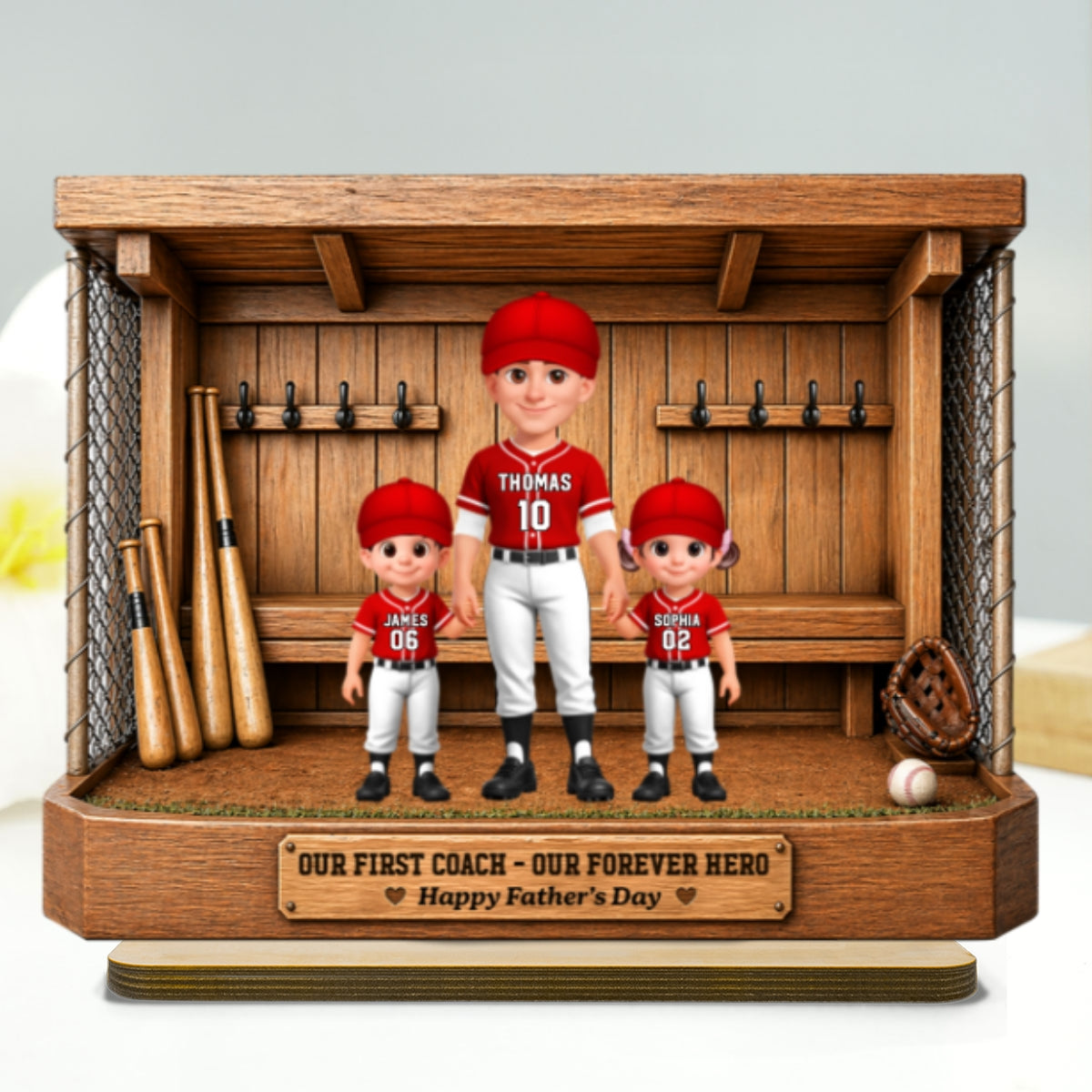 Baseball Dugout Dad And Kids We Caught The Best Dad - Personalized 2-Layered Wooden Plaque - Gift For Dad