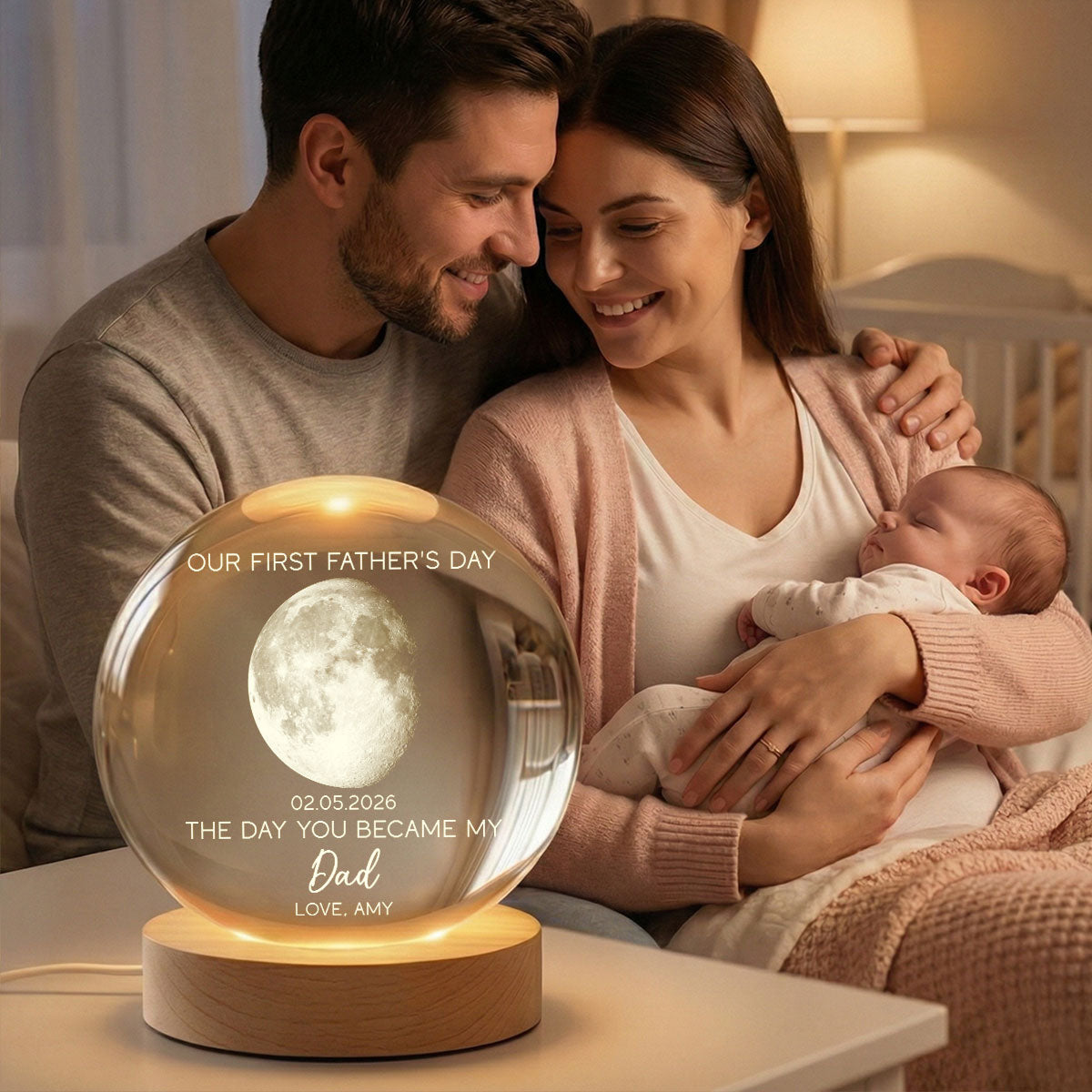 The Day You Became My Dad Custom Moon Phase First - Personalized Crystal Ball LED Night Light - First Gift For New Dad