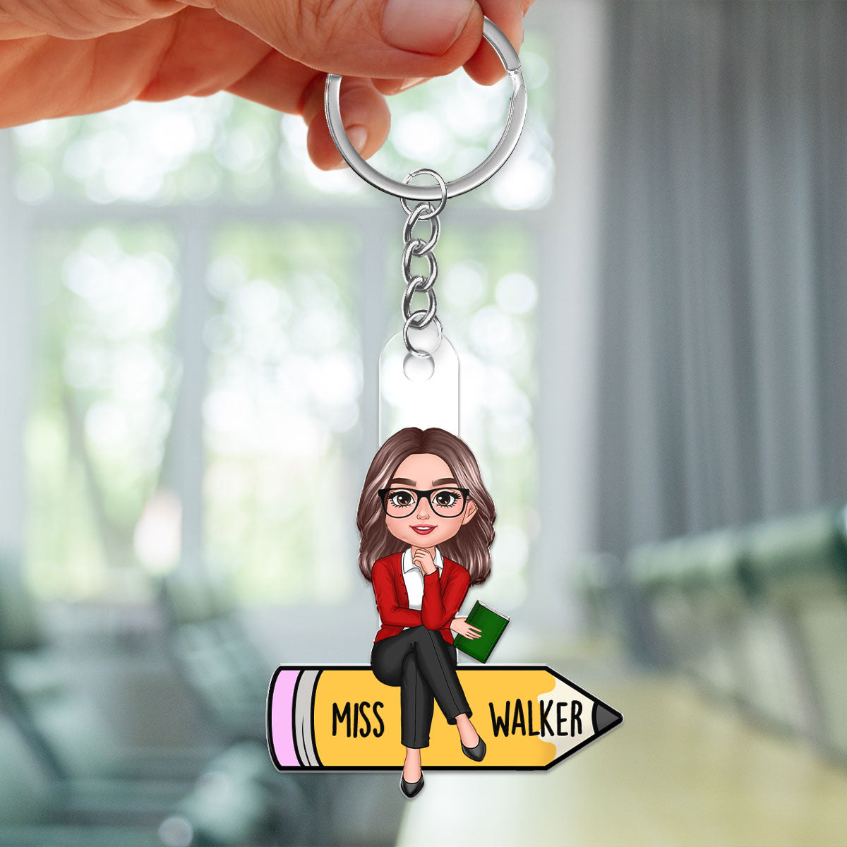 Doll Teacher Sitting On Pencil Personalized Acrylic Keychain, Back To School Gift For Teacher