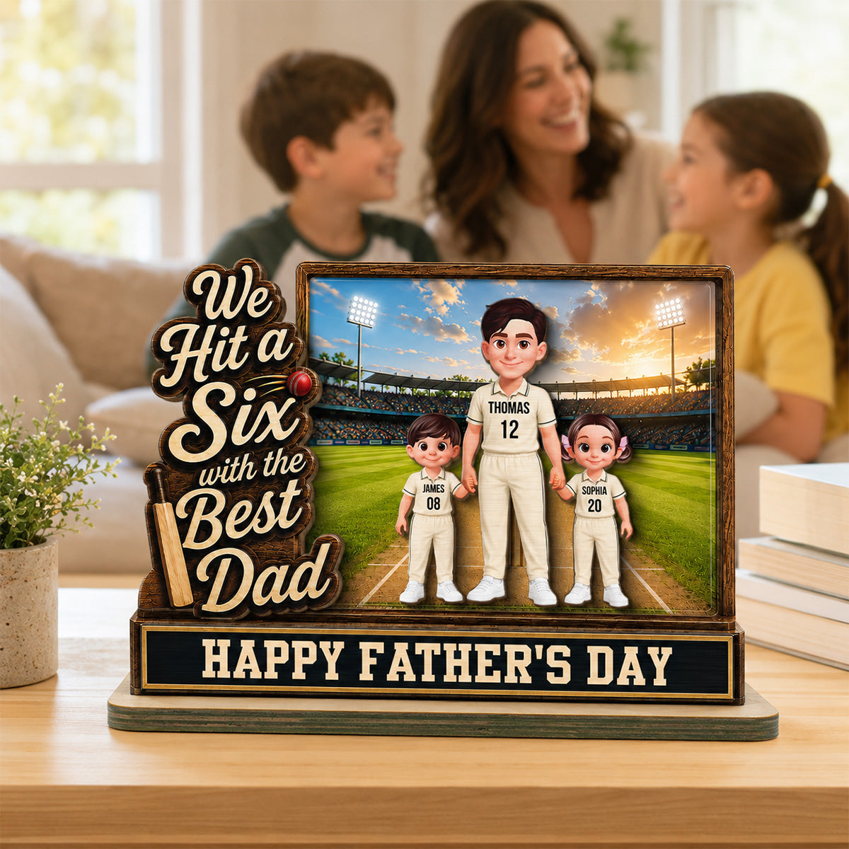 Hit A Six With The Best Dad Cricket Dad & Kids On Field 2D Flat - Personalised 2-Layered Wooden Plaque - Gift For Husband, Dad