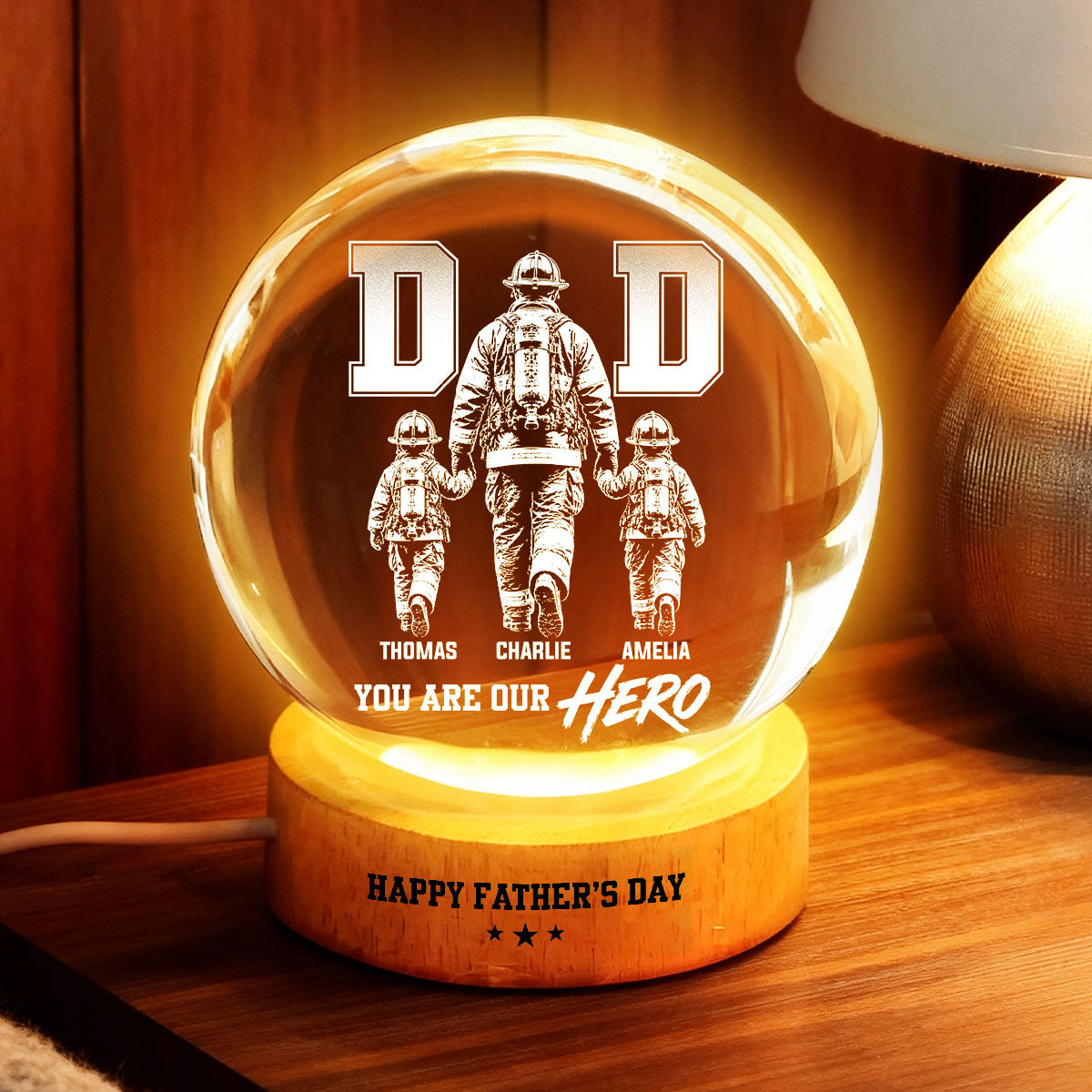 Proud Firefighter Dad You Are Our Hero - Personalized Crystal Ball LED Night Light - Gift For Dad, Husband