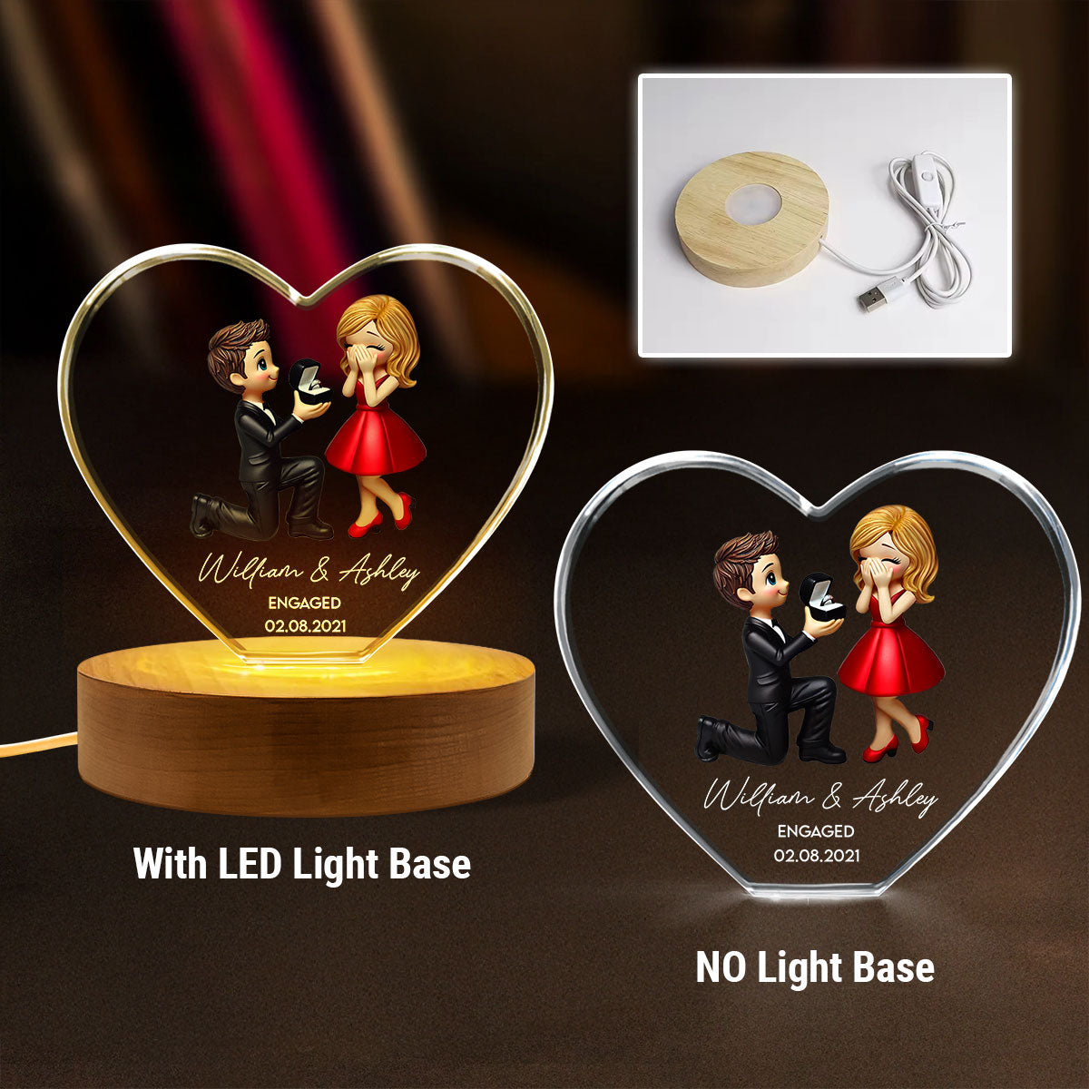 Marriage Proposal 3D Effect Personalized Crystal Heart LED, Engagement Gift for her, Free Delivery