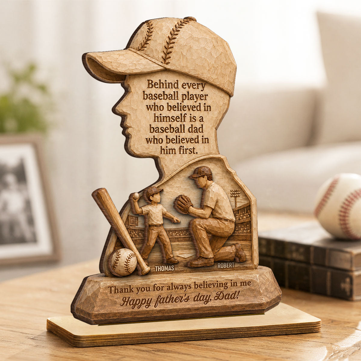 Behind Every Baseball Player is a Baseball Dad - Personalized 2-Layered Wooden Plaque - Gift for Dad, Husband