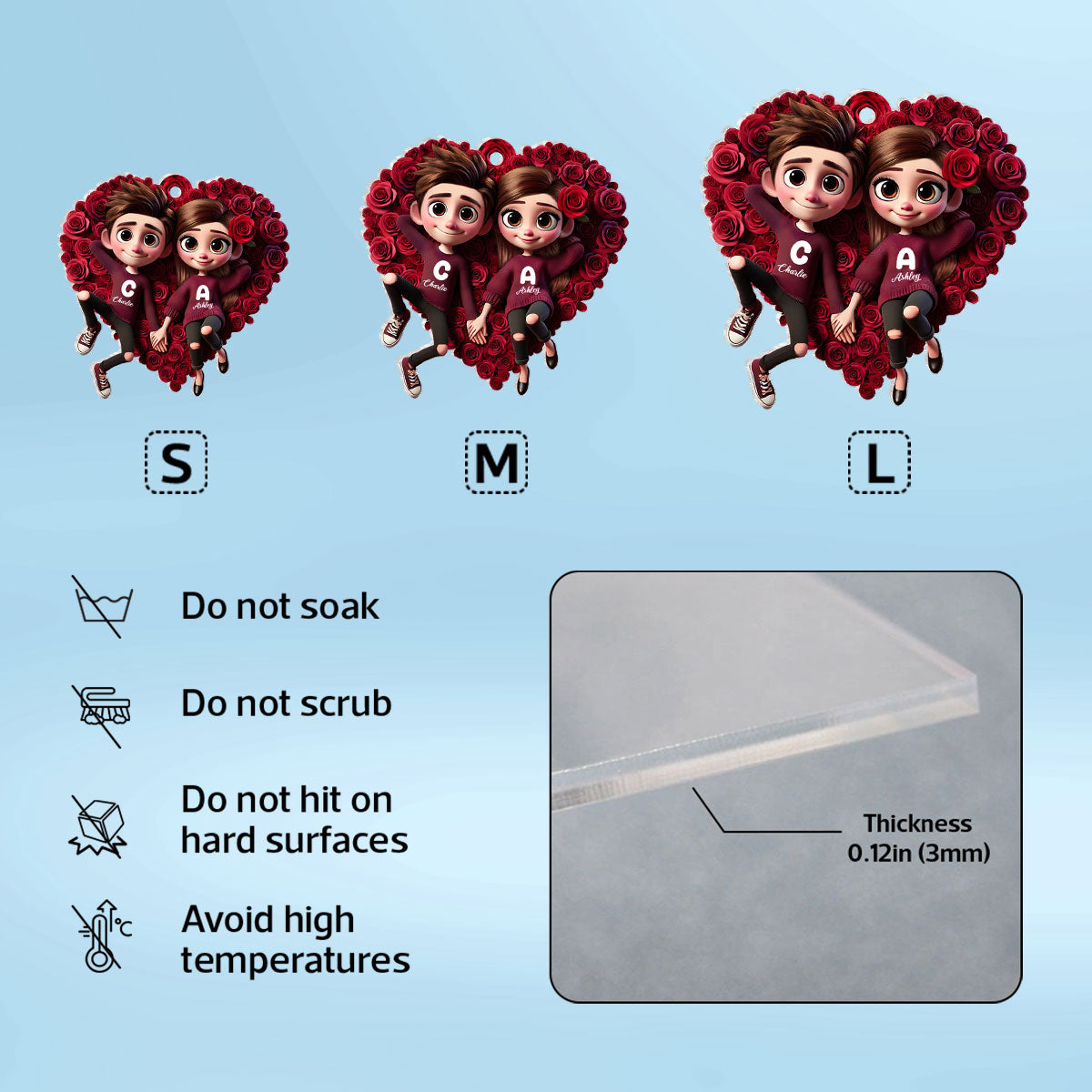 Rose Heart Couple Personalized Acrylic Keychain, Gift for her, Gift for him