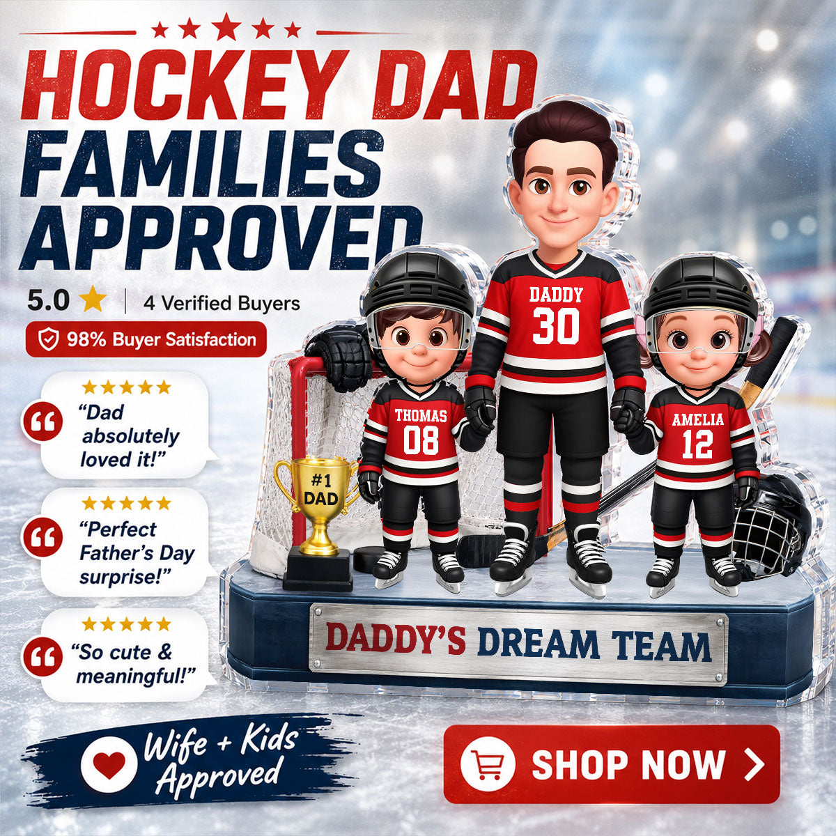 Daddy's Dream Team Hockey Dad & Kids - Personalized Acrylic Block Plaque - Gift For Dad, Husband