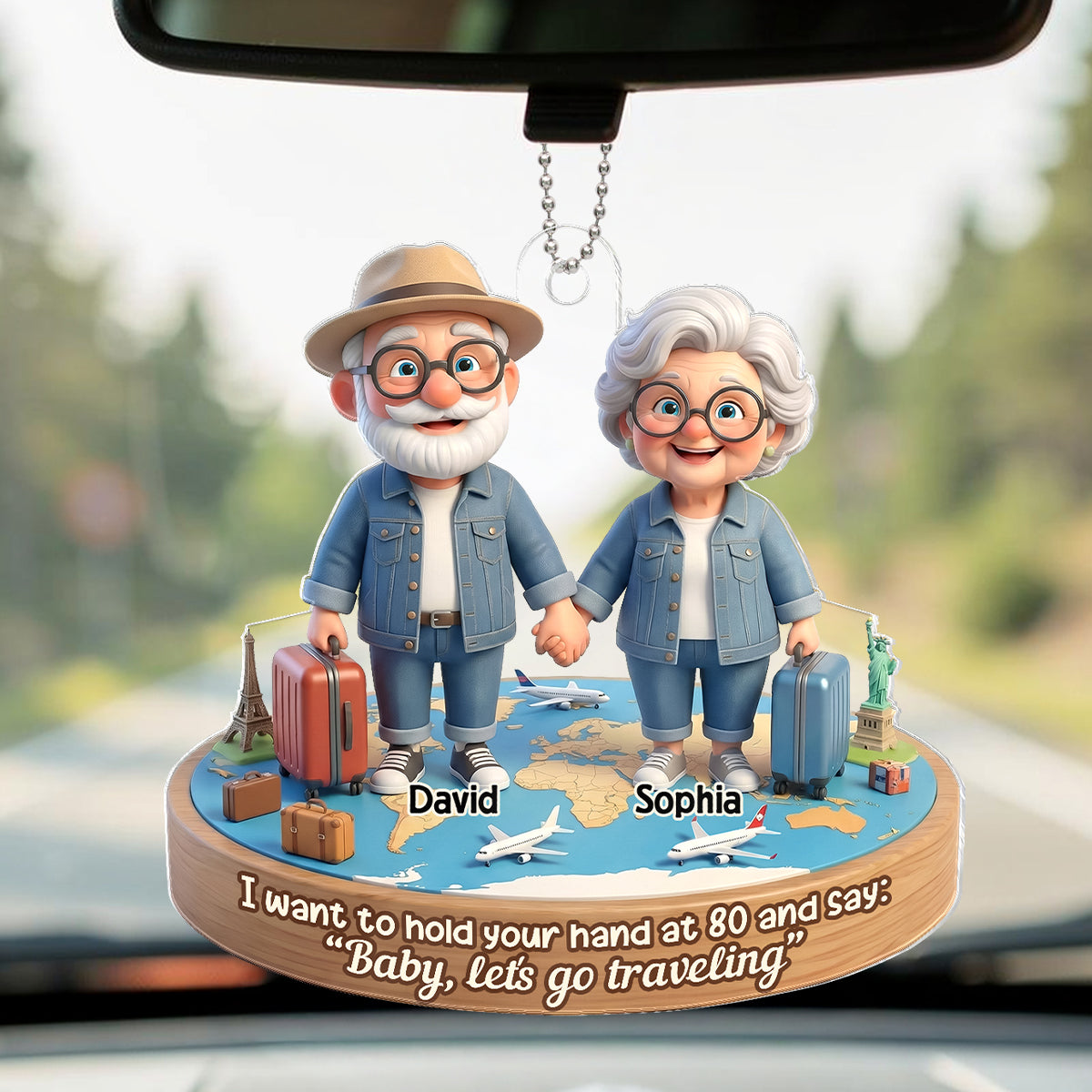 3D Effect Old Couple Baby Let's Go Traveling - Personalized Acrylic Car Hanger - Sentimental Gift for him, for her