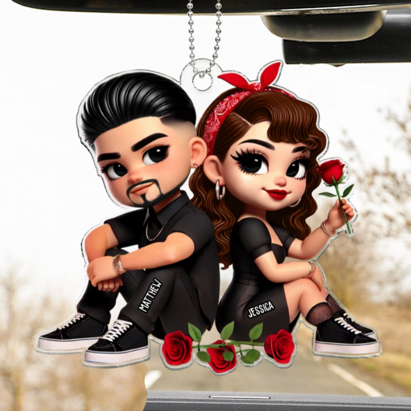 Pretty Couple Roses Heart Personalized Acrylic Car Hanger, Anniversary Gift, Gift for Couples