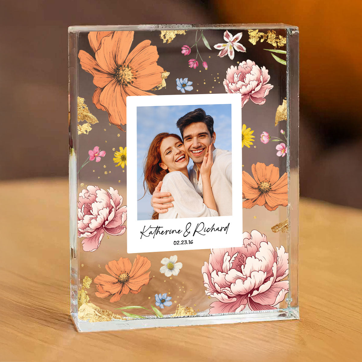 Couple Upload Photo Birth Month Flowers Personalized Acrylic Block Plaque, Anniversary Gift, Gift