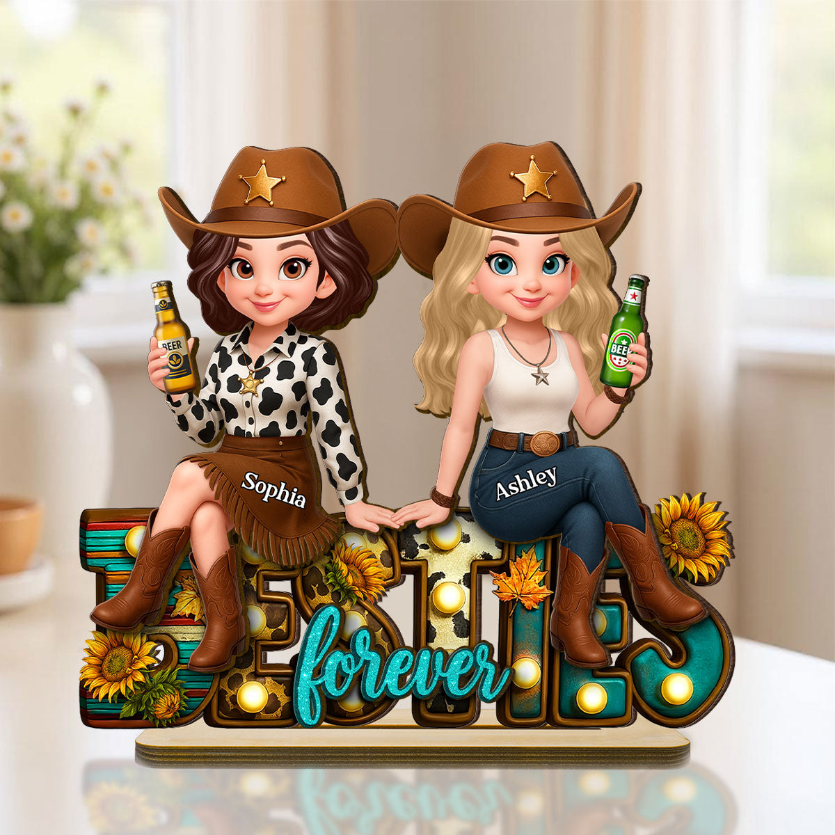 Western Fall Vibe Besties Personalized Standing Wooden Plaque, Fall Gift for Best Friends