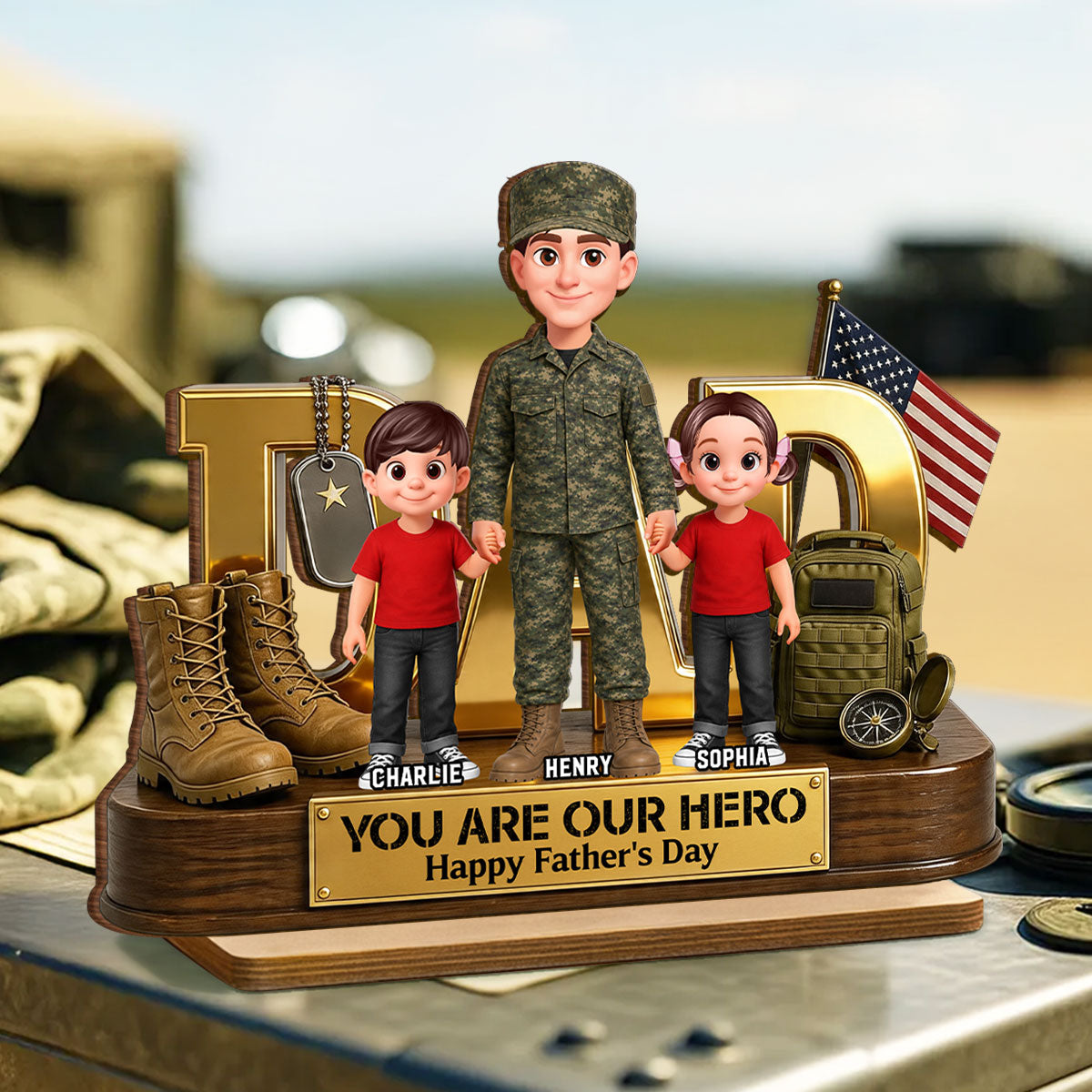 Proud American Millitary Dad - Personalized 2-Layered Wooden Plaque - Gift For Dad, Husband