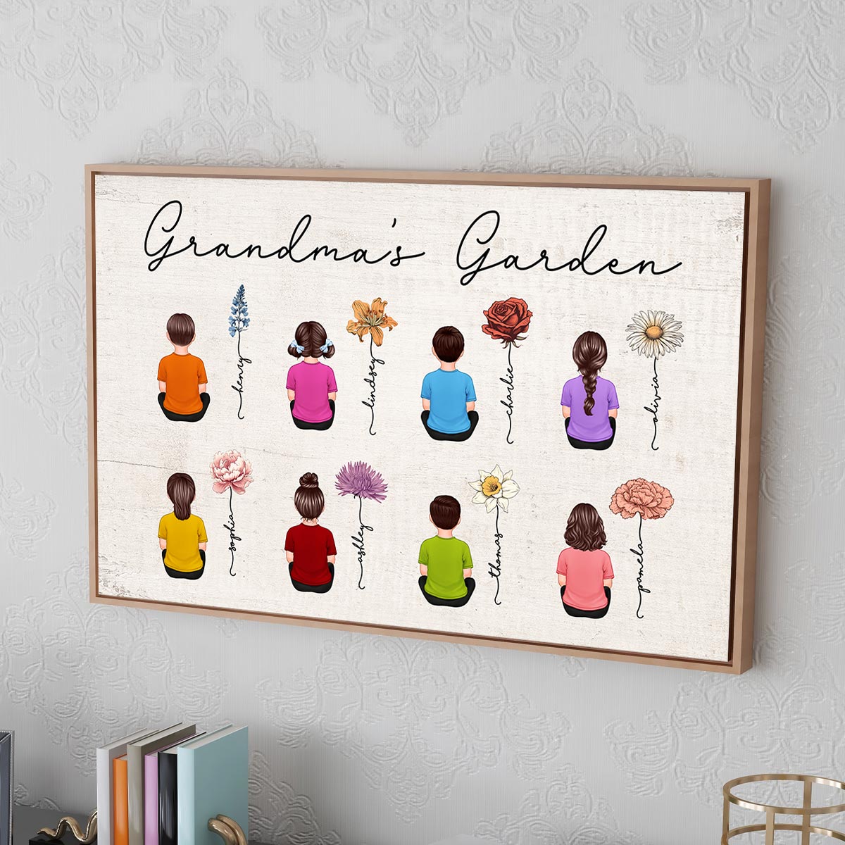 Vintage Birth Month Flowers Garden With Grandkids Names - Personalized Poster - Gift For Grandma, Mom, Auntie