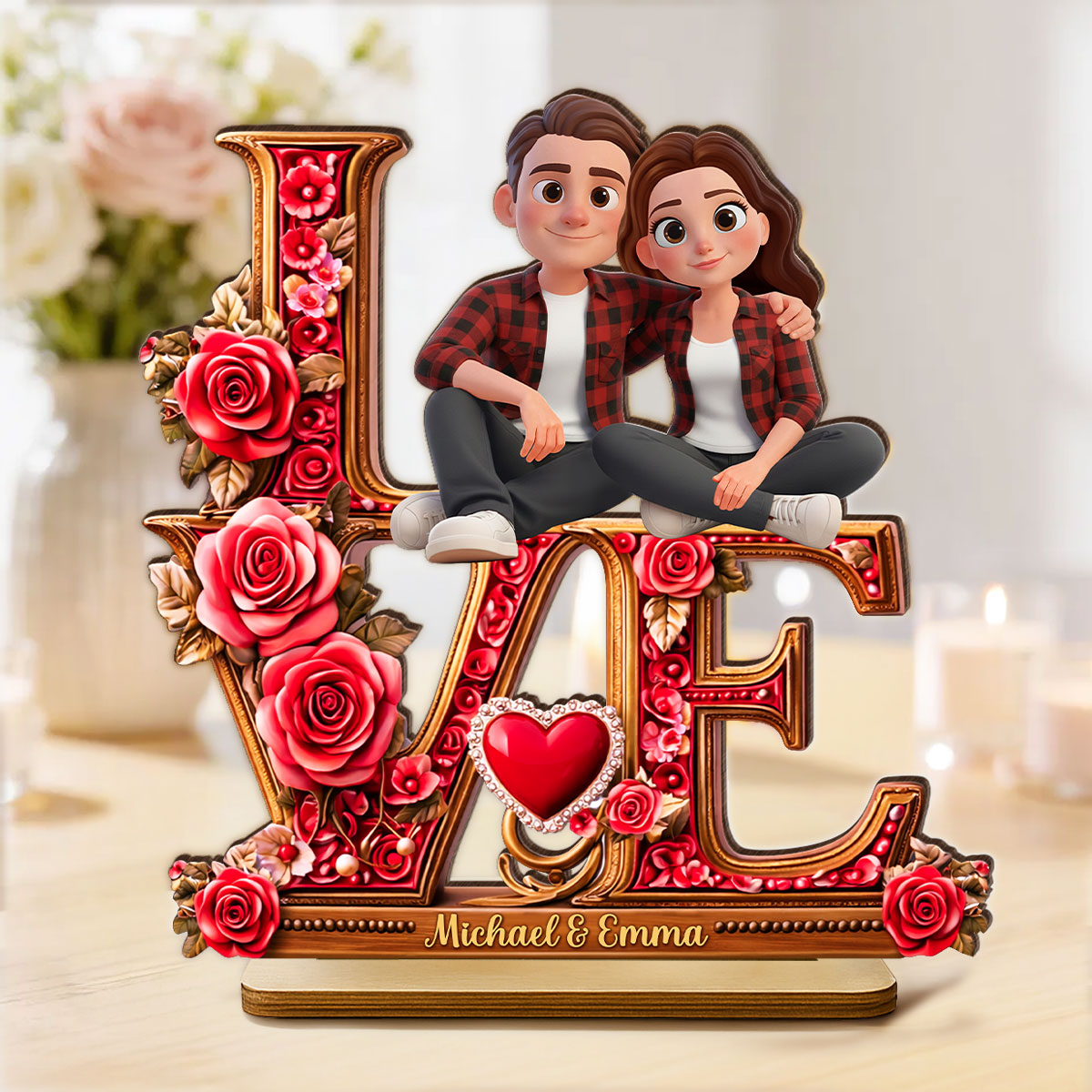 Couple Heart Rose Love - Personalized 2-Layered Wooden Plaque - Heartfelt Valentine's Day Gift for Her, for Him
