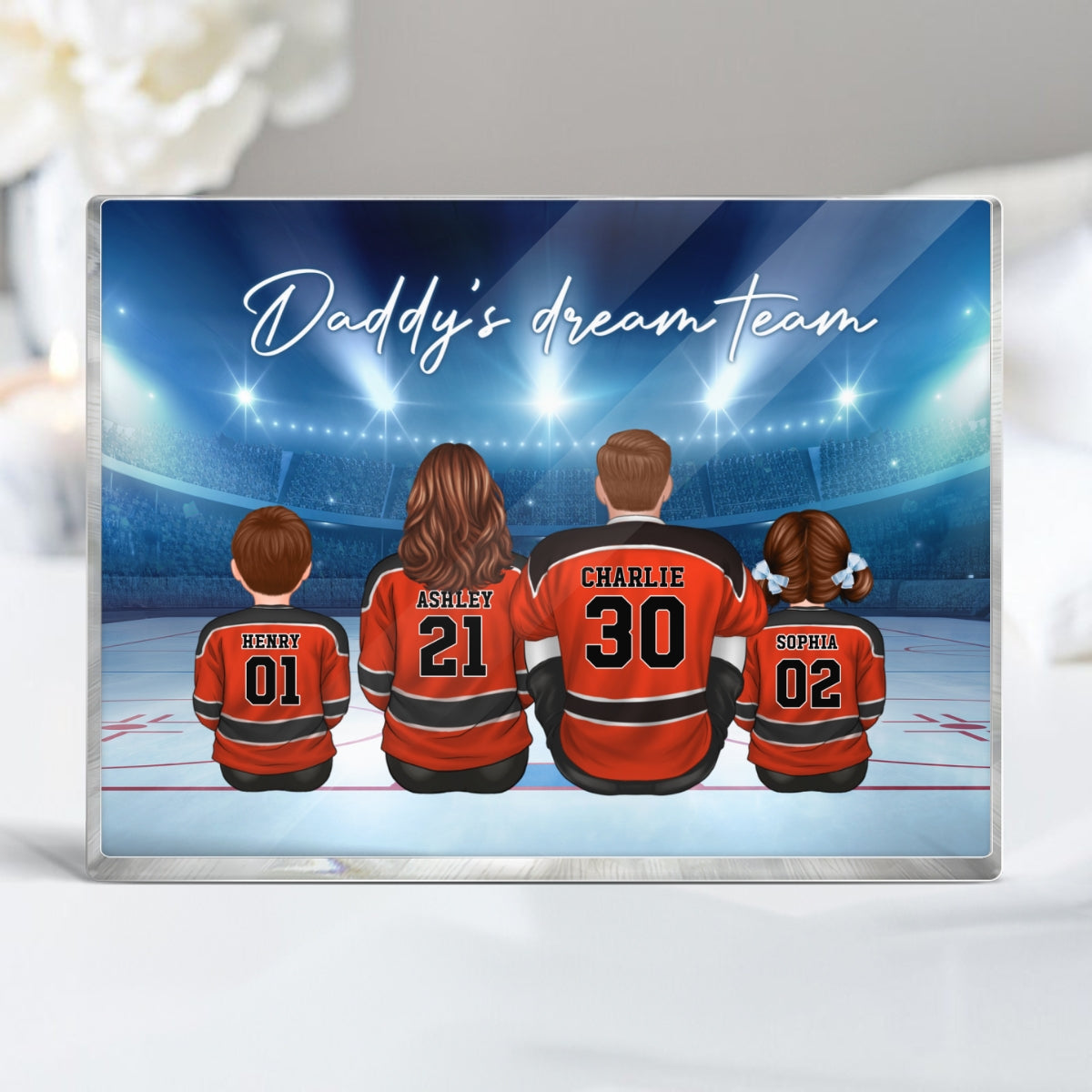 Daddy's Team Hockey Family Sitting Personalized Acrylic Block, Unique Gift for Dad, Gift for Husband