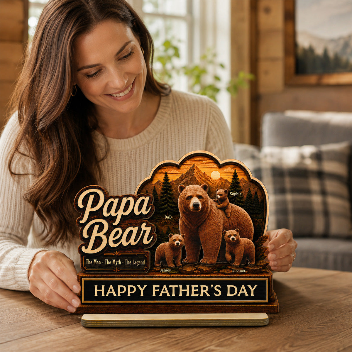 Papa Bear The Man The Myth The Legend 2D Flat - Personalized 2-Layered Wooden Plaque - Gift For Husband, Dad