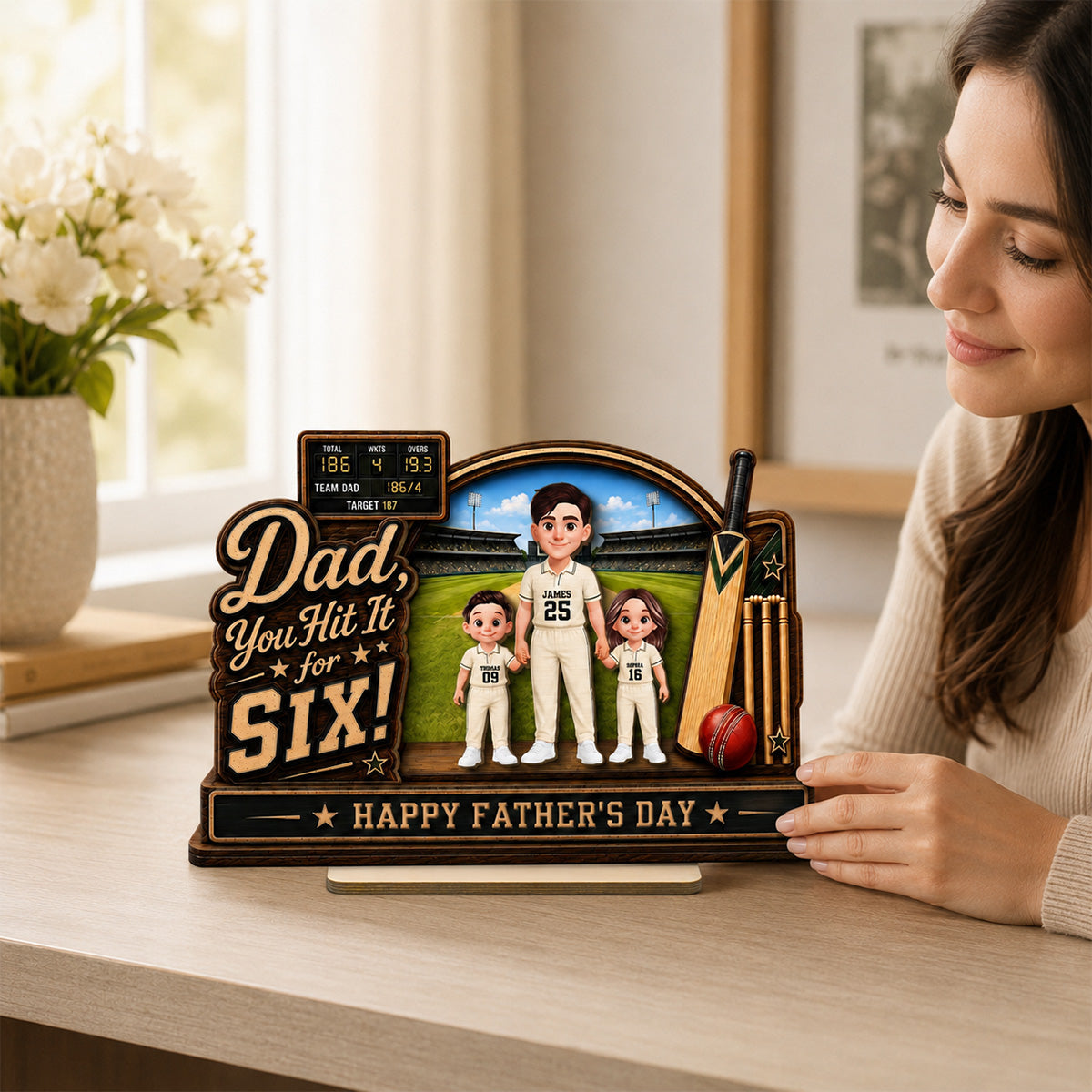 Hit A Six With The Best Dad Cricket Dad & Kids On Court - Personalised 2-Layered Wooden Plaque - Gift For Husband, Dad