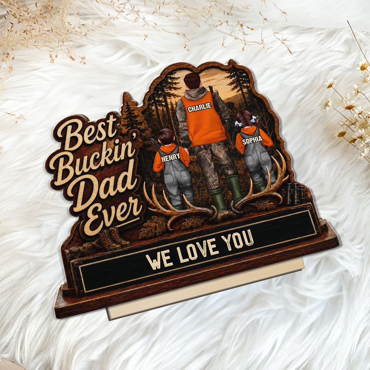 Best Buckin' Dad Papa Ever Hunting Man & Kids 2D Flat - Personalized 2-Layered Wooden Plaque - Gift For Hunting Dad, Grandpa