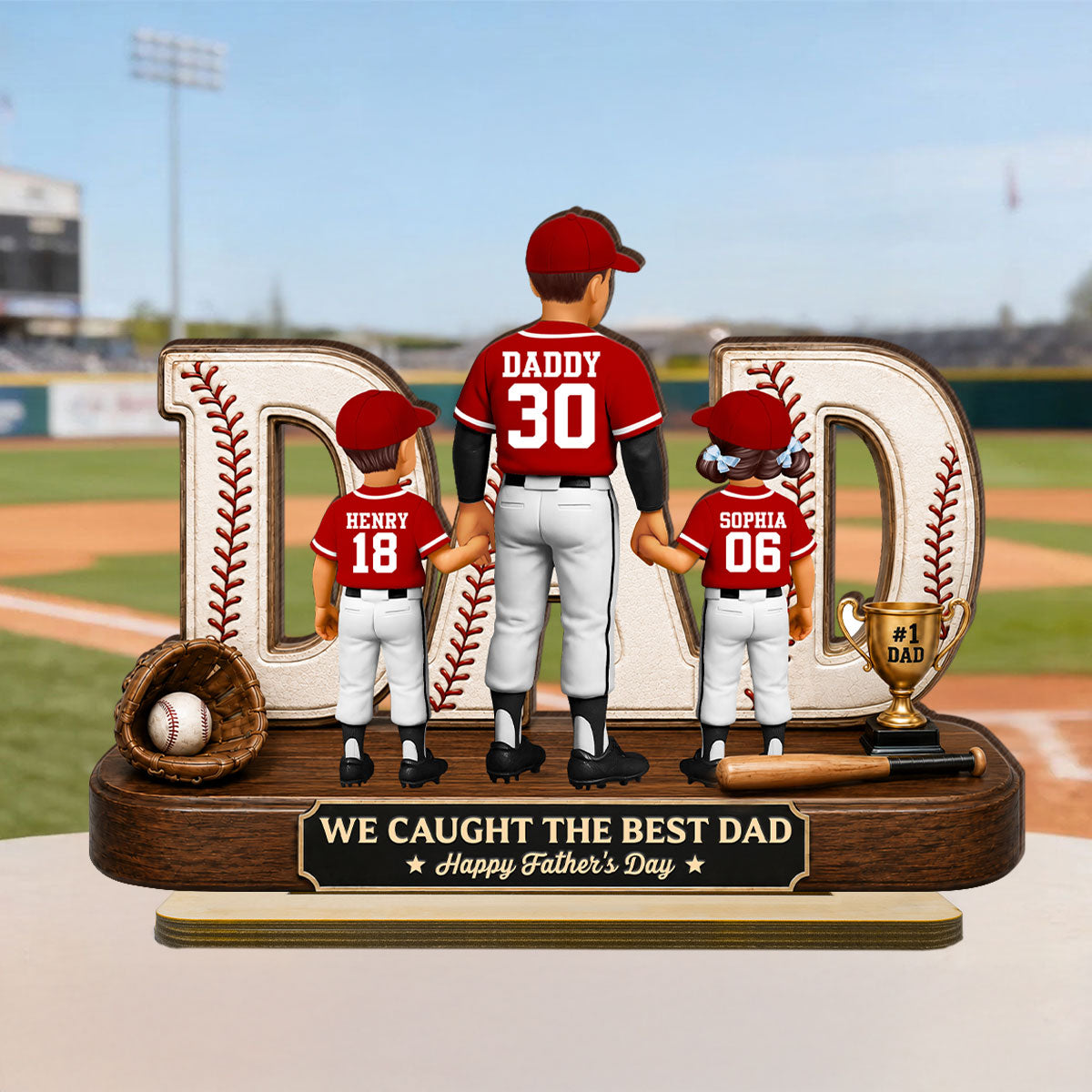 No 1 Baseball Dad Legend We Caught The Best Dad - Personalized 2-Layered Wooden Plaque - Gift For Dad, Husband