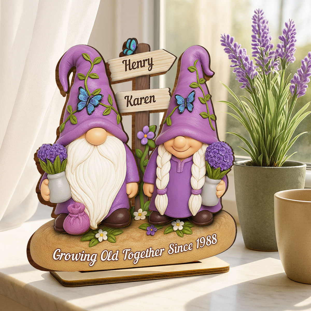 Lavender Gnome Couple - Personalized Standing Wooden Plaque - Gift for Couple, for Him, for Her