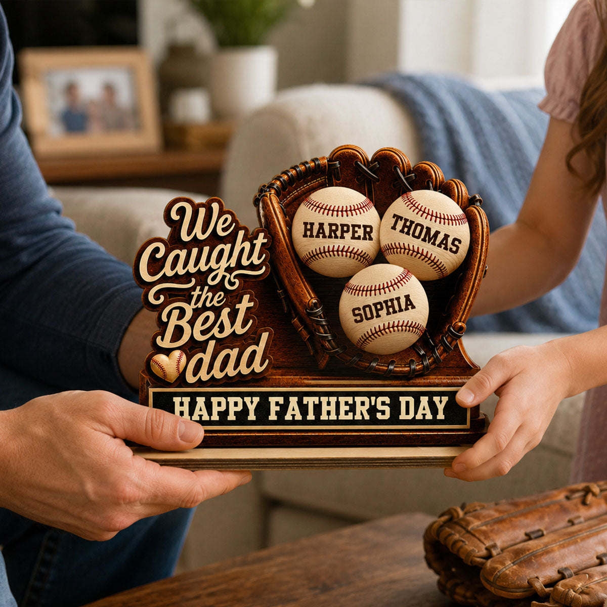 We Caught The Best Dad Baseball In Glove - Personalized 2-Layered Wooden Plaque - Happy For Baseball Dad