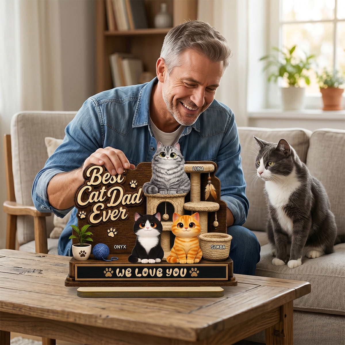 Best Cat Dad Ever Cute Cats On Cat Tree 2D Flat - Personalized 2-Layered Wooden Plaque - Gift For Cat Dad