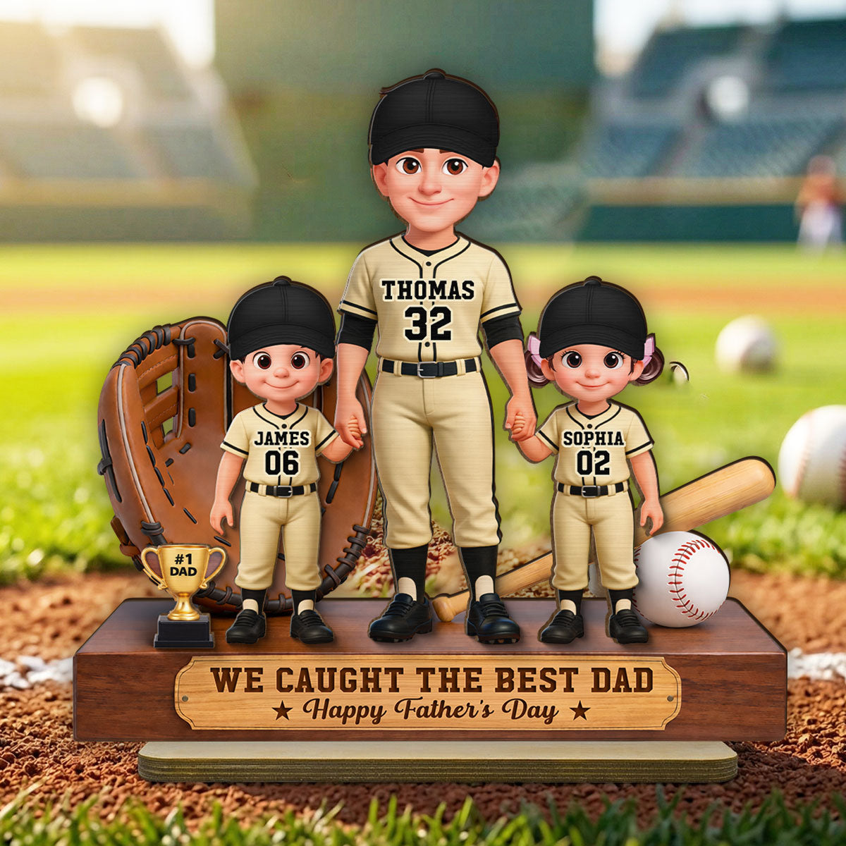Baseball No.1 Dad We Caught The Best Dad - Personalized 2-Layered Wooden Plaque - Gift For Dad