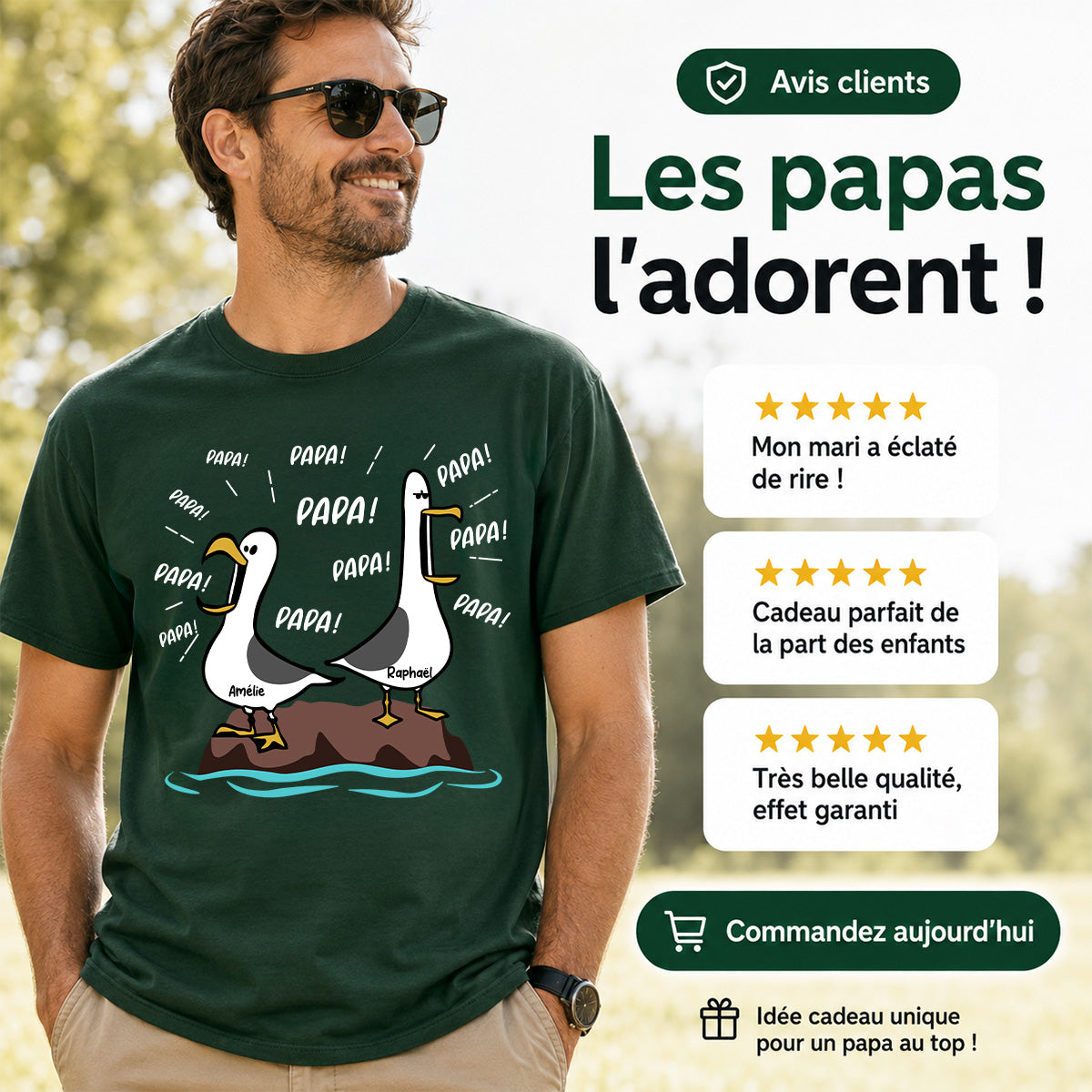 Mouettes Papa! Papa! Papa! – T-shirt Personnalis – Cadeau Rigolo pour la Fte des Pres