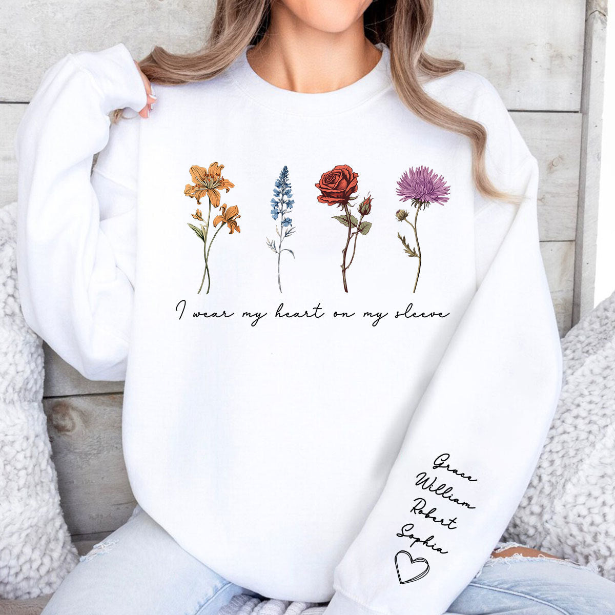 Vintage Birth Month Flowers Personalized Sleeve Printed Sweatshirt, Gift For Mom Granma Aunt
