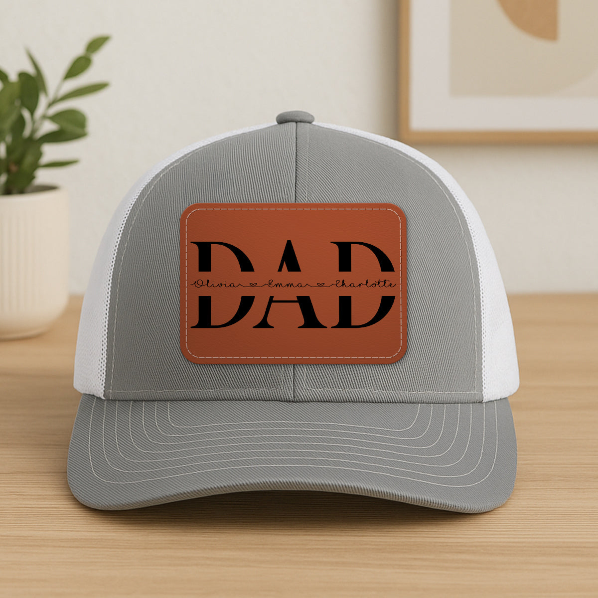 Custom Kids Name Personalized Dad Gift, Leather Patch Hat, Dad and Kids Trucker Hat, Father's Day Gift for Dad, Grandpa