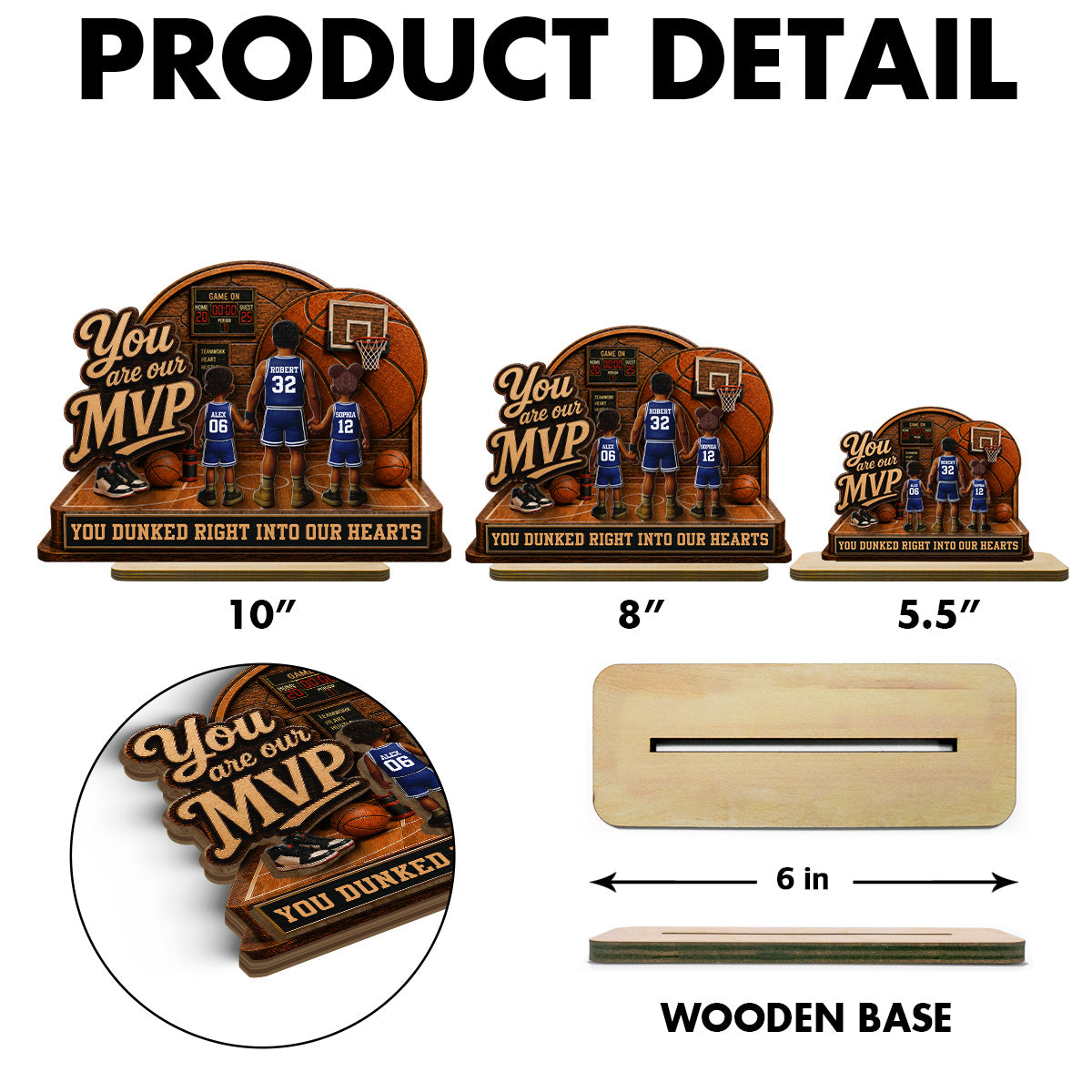You Are Our MVP Standing Basketball Man & Kids 2D Flat - Personalized 2-Layered Wooden Plaque - Gift For Basketball Dad
