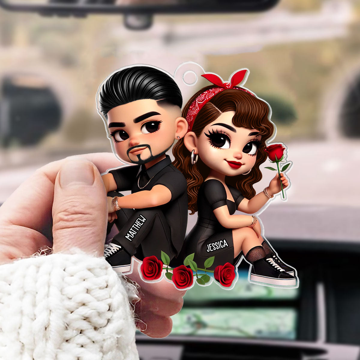 Pretty Couple Roses Heart Personalized Acrylic Car Hanger, Anniversary Gift, Gift for Couples