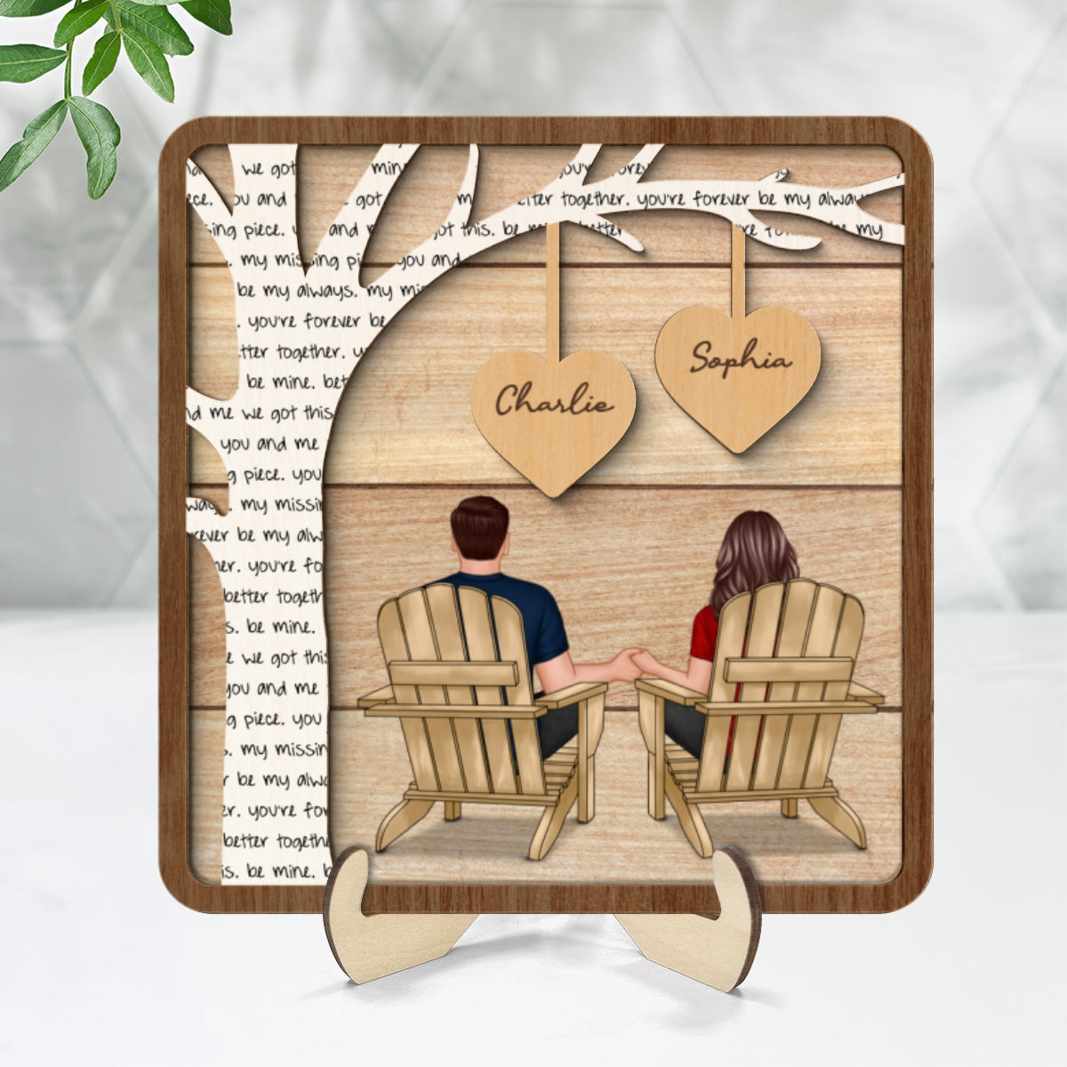 Couple Sitting Back View Under Text Tree Personalized 2-layer Wooden Plaque, Gift For Him, For Her