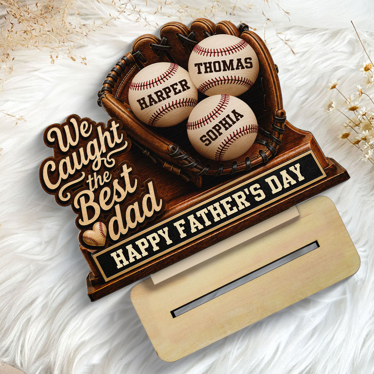 We Caught The Best Dad Baseball In Glove - Personalized 2-Layered Wooden Plaque - Happy For Baseball Dad