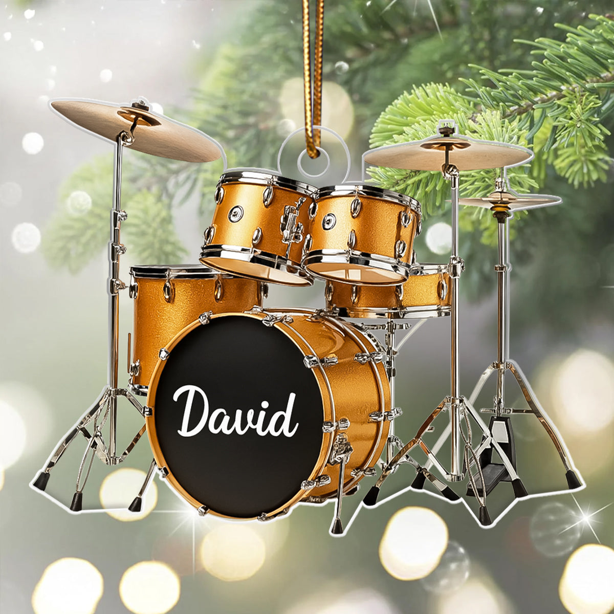 Custom Name Gold Drum Set - Personalized Acrylic Ornament - Thoughtful Drummer Christmas Gift, Musician Christmas Tree Hanging Decor