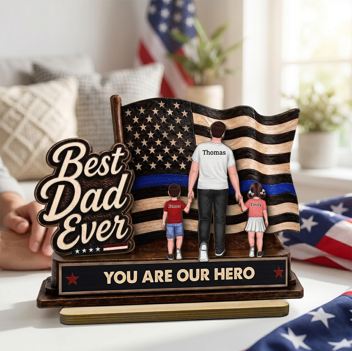 Best Dad Ever Our Hero American Flag 2D Flat - Personalized 2-Layered Wooden Plaque - Gift For Patriotic Dad, Grandpa, Husband