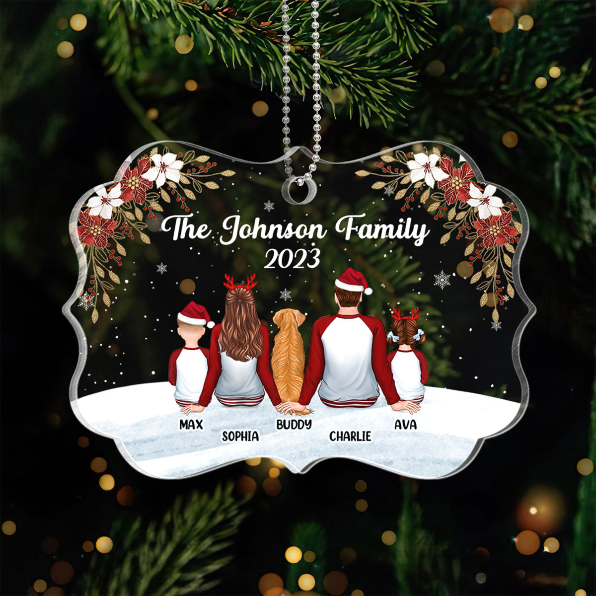 Family Pajamas Back View In Snow Poinsettia Personalized Acrylic Ornament