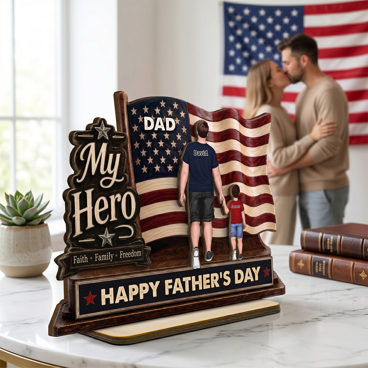 Dad Grandpa Our Hero American Flag 2D Flat - Personalized 2-Layered Wooden Plaque - Gift For Patriotic Dad, Grandpa, Husband