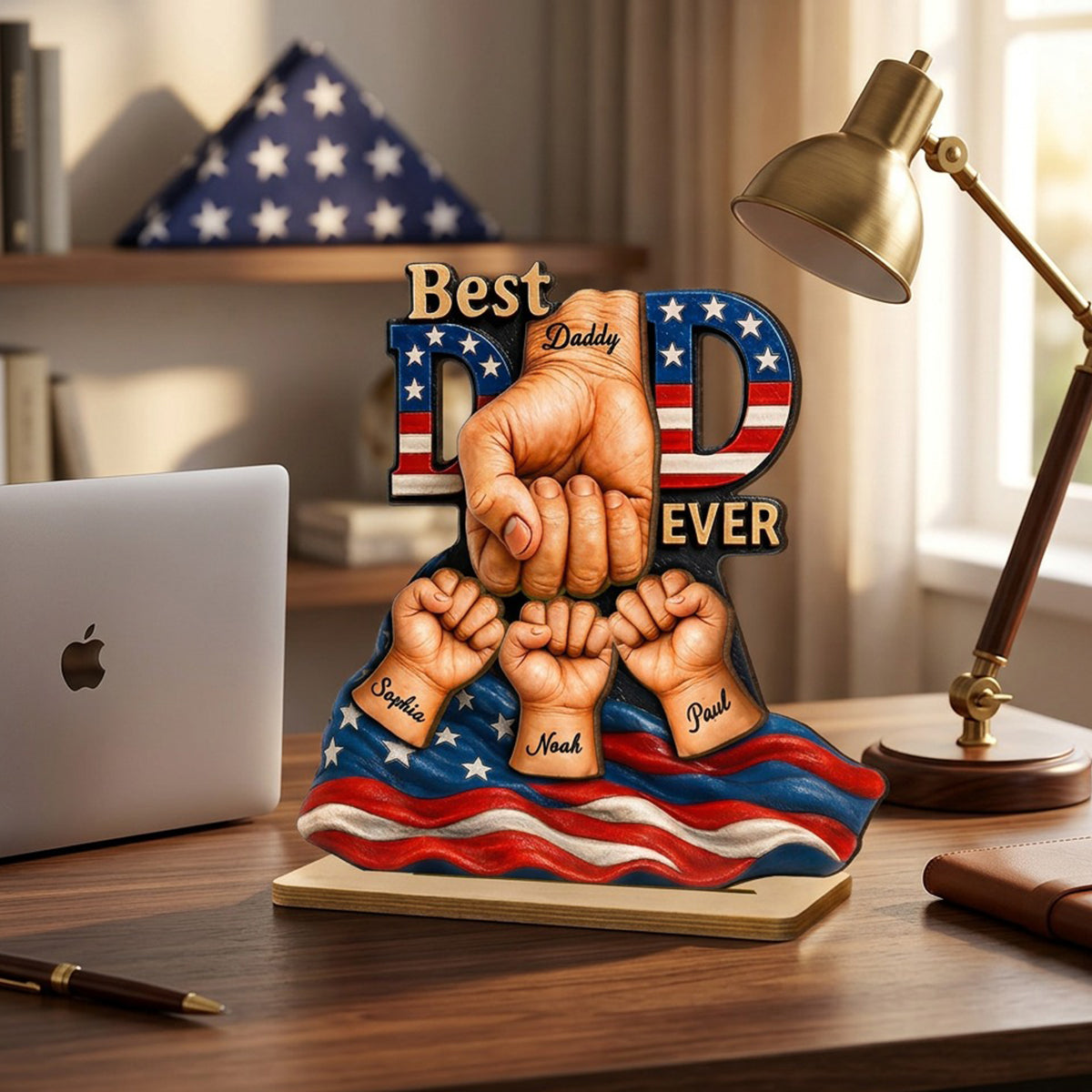 American Dad And Kids Fist Bump - Personalized 2-Layered Wooden Plaque - Gift For Dad, Husband