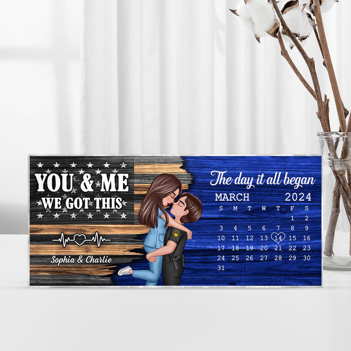 Hero Couple Hugging Kissing Half Flag Anniversary Calendar Keepsake Gift by Occupation Personalized Acrylic Block Plaque