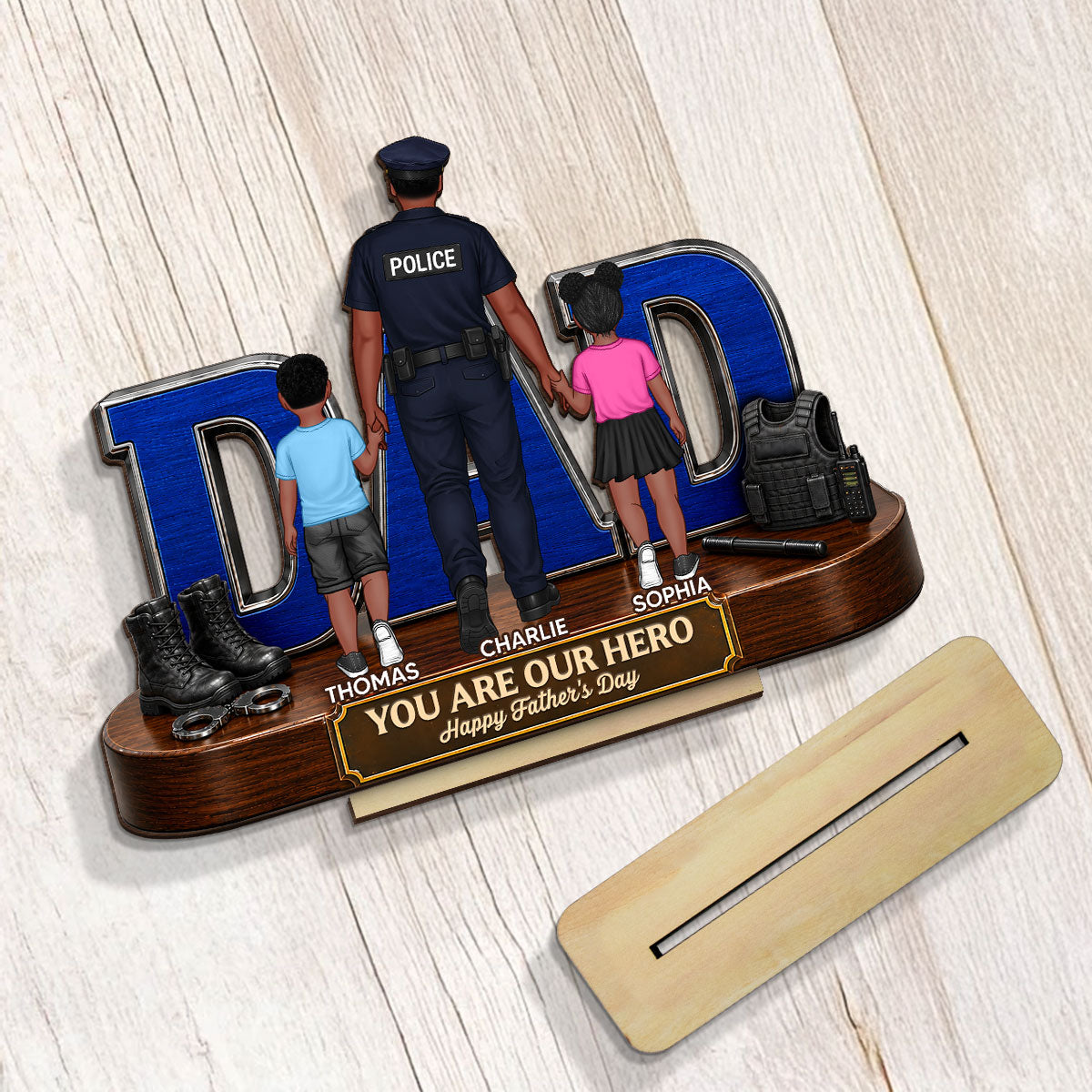Proud American Police Dad You Are Our Hero - Personalized 2-Layered Wooden Plaque - Gift For Dad