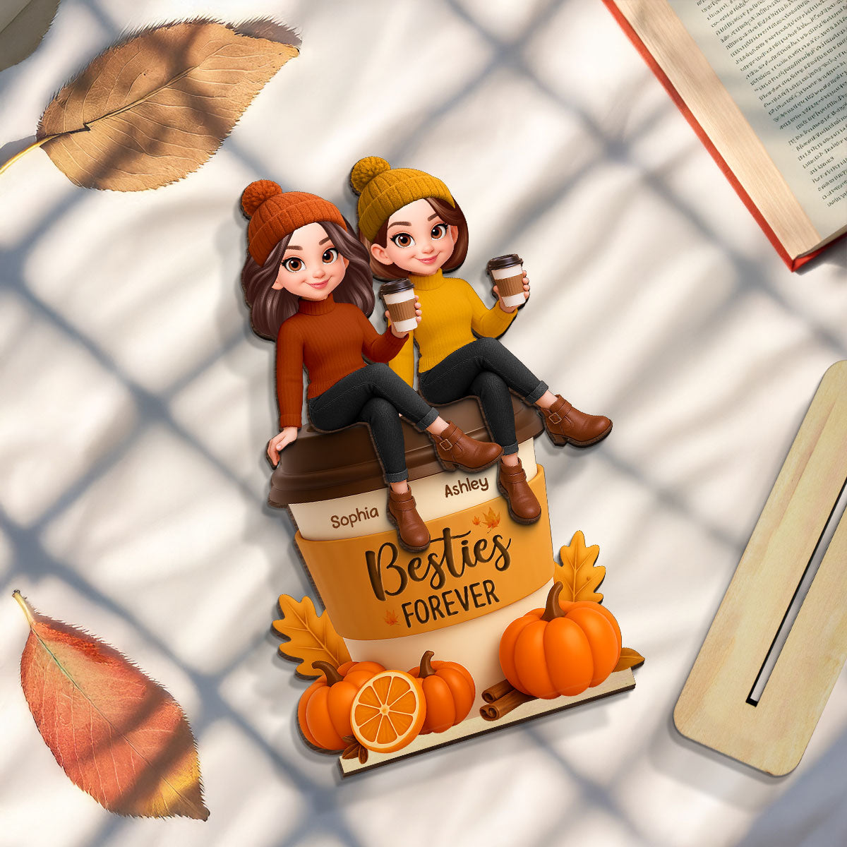Fall Season Besties Sitting On Pumpkin Spice Latte - Personalized 2-Layered Wooden Plaque