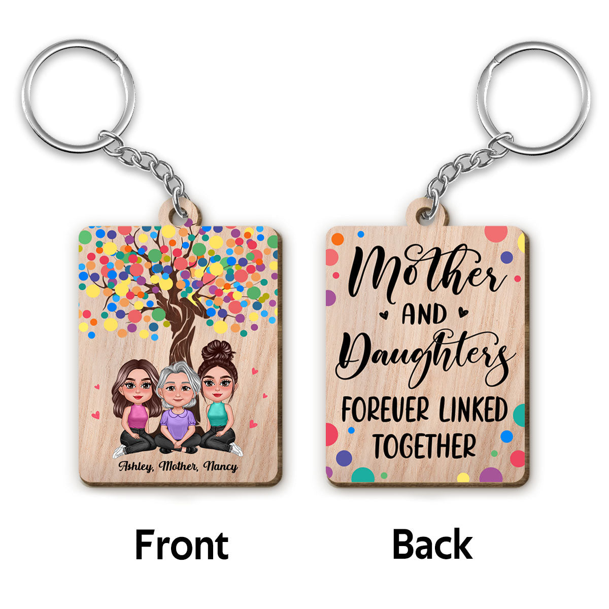 Pretty Doll Mother Daughters Under Tree Personalized Wooden Keychain