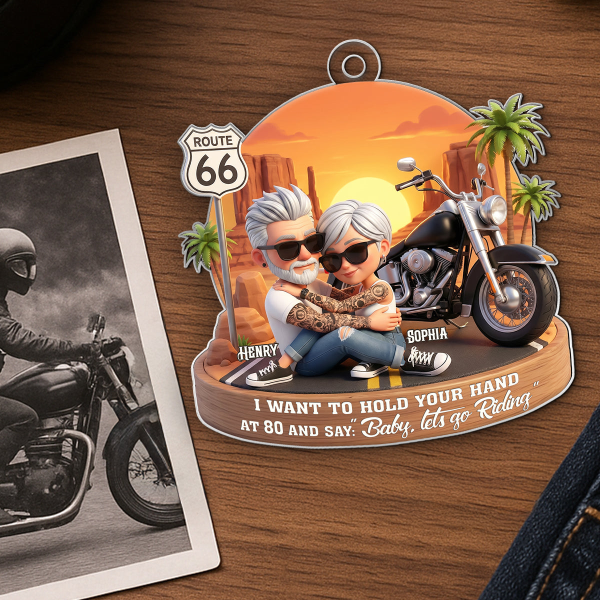 3D Effect Old Couple Baby Let's Go Riding - Personalized Acrylic Car Hanger - Sentimental Gift for him, for her