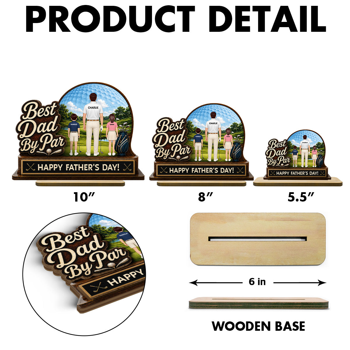 Best Dad By Par Custom Man & Kids Back View - Personalized 2-Layered Wooden Plaque - Gift For Golf Dad
