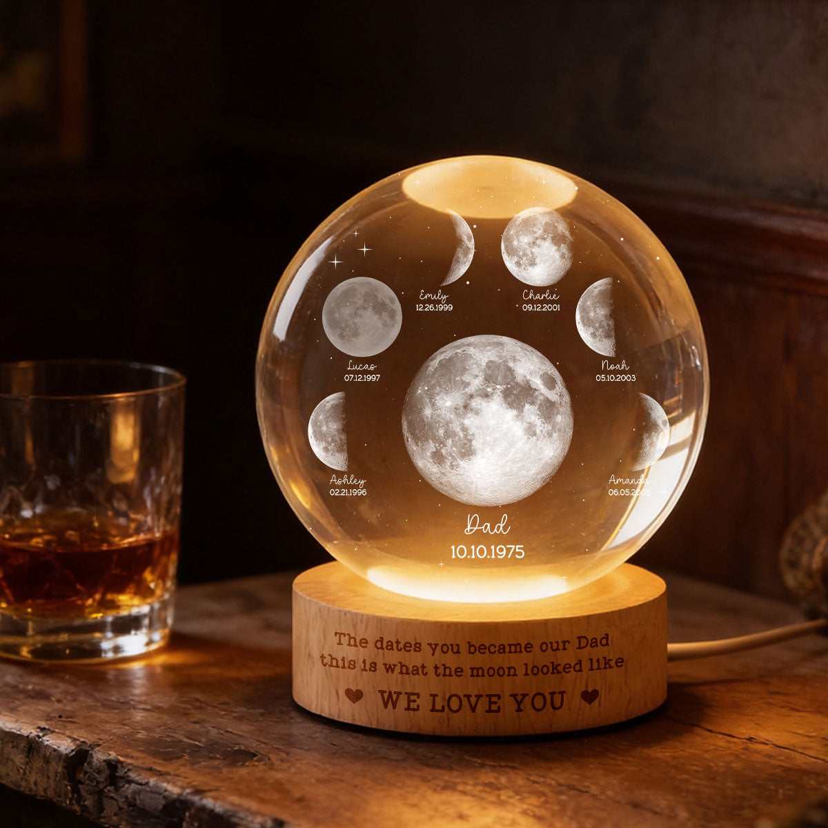 The Date You Became Our Dad - Personalized Crystal Ball LED Night Light - Custom Moon Phase by Date, Gift for Dad, Husband