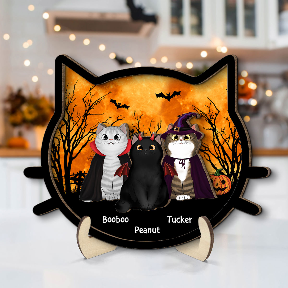Spooky Halloween Theme Cat Face Personalized 2-Layer Wooden Plaque