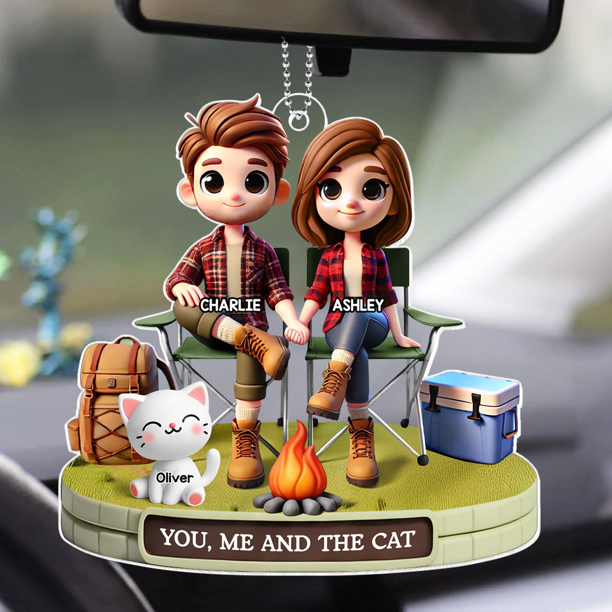 3D Effect Camping Couple And Dogs Cats Personalized Acrylic Car Hanger, Gift, Anniversary Gift, Couple Keepsake