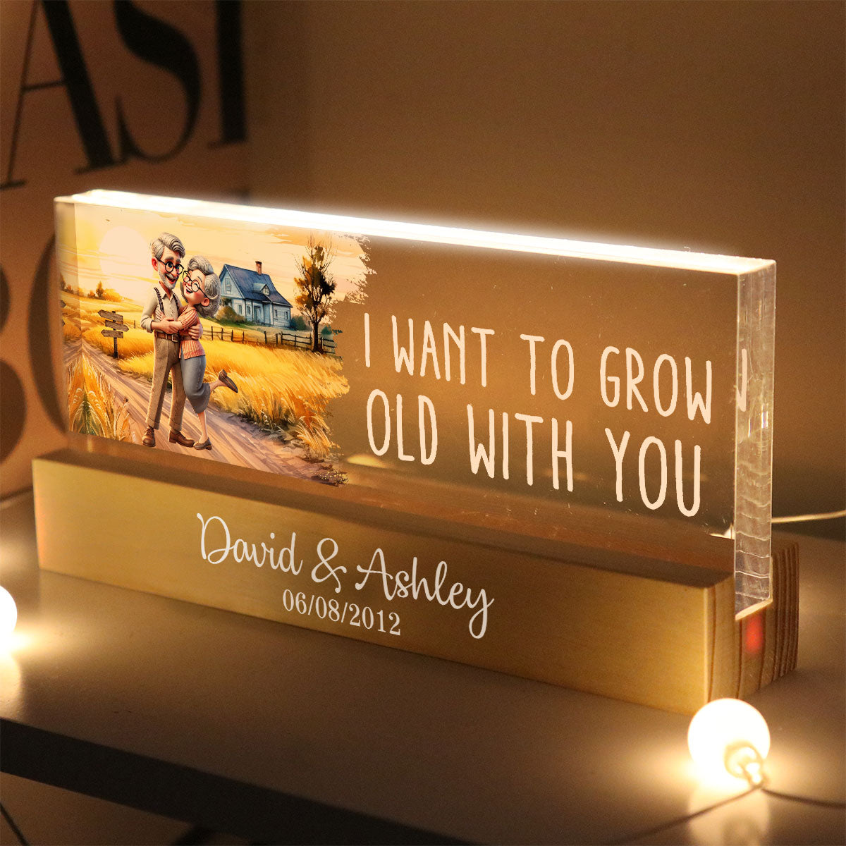 Happy Old Couple Vintage Farmhouse Personalized Acrylic Block LED Night Light, Anniversary For Him, For Her, Husband, Wife